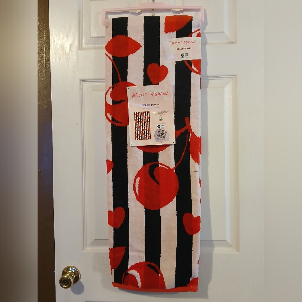 Betsey Johnson NWT Black & White Stripe Cherry 6ft Beach Towel